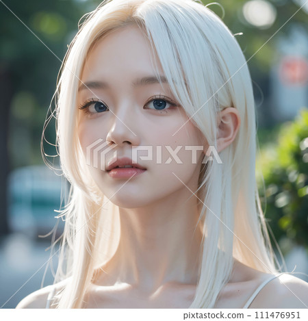 Close-up of the face of a young silver-haired woman 111476951