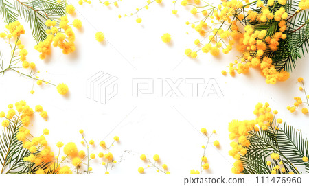 AI-generated content. Bright and fresh arrangement of yellow mimosa flowers in a creative frame on a white background, mockup 111476960
