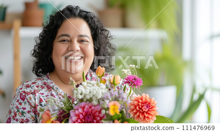 AI-generated content. A middle-aged Hispanic woman beaming with happiness holds a bright bouquet of flowers. Festive concept spring holidays, mother's day, March 8 111476969