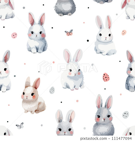Seamless pattern with cute white rabbits. Hand Drawn vector illustration. Seamless pattern with cute white rabbits. Hand Drawn vector illustration. 111477094