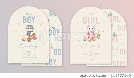 Cute baby shower watercolor arch invitation card with toy kitten sitting in a toy wood car. Oh baby calligraphy. 111477100