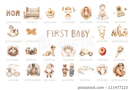 Baby shower set with little baby girl or boy first accessories for newborn. 111477123