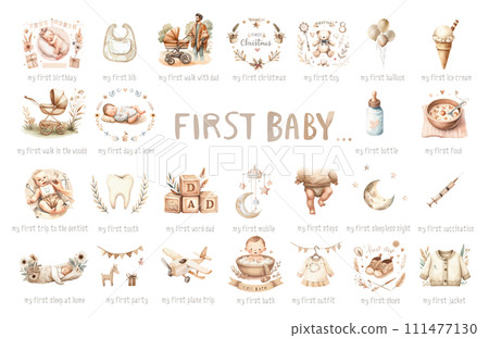 Baby shower set with little baby girl or boy first accessories for newborn. 111477130