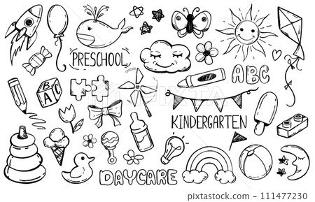 Daycare doodle set, kindergarten and preschool line art icons 111477230