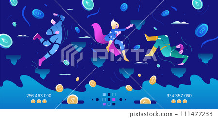 Flat characters play to earn bitcoin, cryptocurrency in metaverse, nft blockchain game 111477233