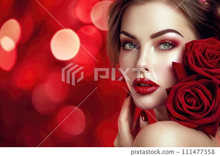 A woman with red makeup holding a rose A woman with red makeup holding a rose 111477358