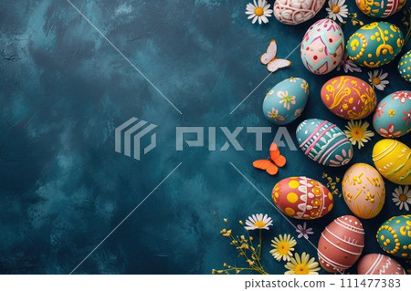 Easter background with eggs and flowers, top view 111477383