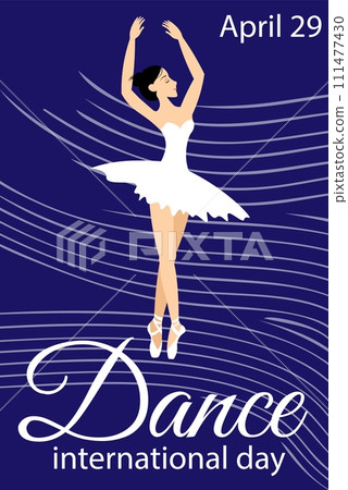Dance Day. Ballerina and white waves on a blue background. 111477430
