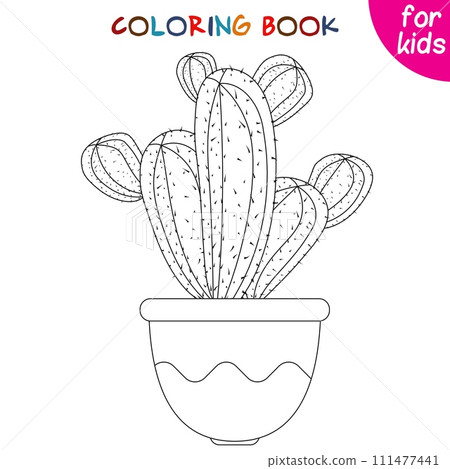 Houseplants. Big cactus. Indoor exotic flowers in a flower pot. Coloring book page template Houseplants. Big cactus. Indoor exotic flowers in a flower pot. Coloring book page template 111477441