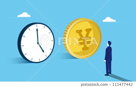 時間和金錢圖像插圖，穿著西裝的站立男子，向量 111477442