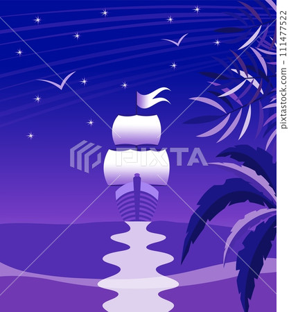 Cartoon sailboat. The ship and the lunar path. Cartoon sailboat. The ship and the lunar path. 111477522