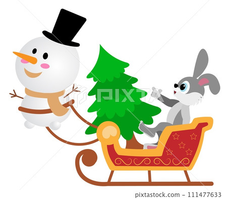 Christmas story time. The snowman is carrying a sleigh with a hare and a Christmas tree. Christmas and New Year vector composition. Christmas story time. The snowman is carrying a sleigh with a hare and a Christmas tree. Christmas and New Year vector composition. 111477633