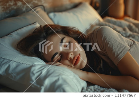 Young attractive woman sleeping in the bedroom, relaxing with eyes closed 111477667