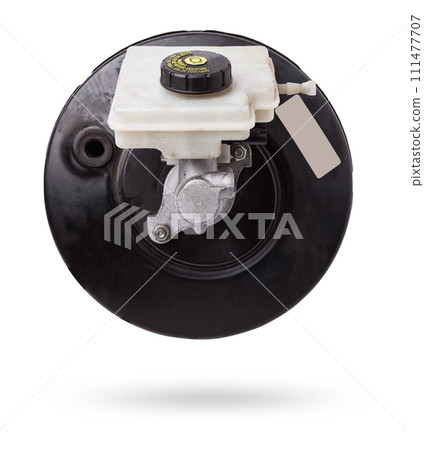 Black metal vacuum brake booster for repair and replacement on a car in a workshop on a white isolated background. Spare parts catalog for cars. Black metal vacuum brake booster for repair and replacement on a car in a workshop on a white isolated background. Spare parts catalog for cars. 111477707