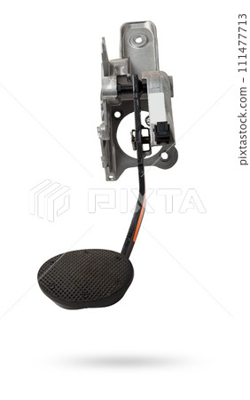 Brake pedal on a white isolated background in a photo studio for sale in a car service. Black auto part for replacement during repair in the workshop. Spare part junkyard. Brake pedal on a white isolated background in a photo studio for sale in a car service. Black auto part for replacement during repair in the workshop. Spare part junkyard. 111477713