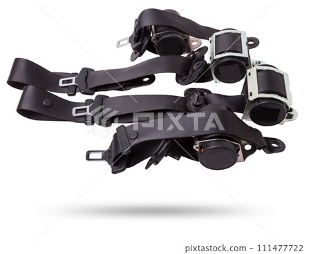 Spare part and interior element black seat belt from a car on a white isolated background. Auto service industry. 111477722