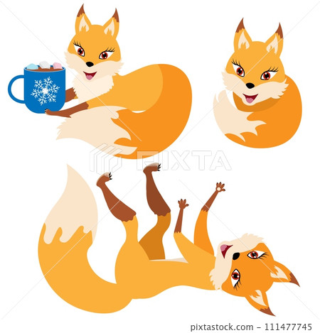 Funny red fox collection. Cute fox lies on his back and drinks coffee. Emotion little animal. Cartoon animal character design. 111477745