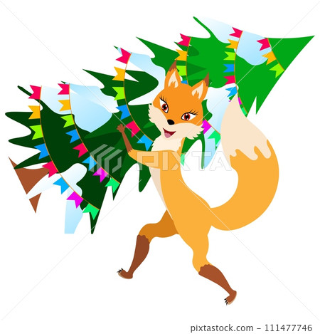 Christmas story time. The fox carries a decorated Christmas tree. Christmas and New Year vector composition. 111477746