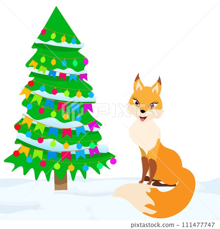 Christmas story time. A fox sits in the snow next to a decorated Christmas tree. Christmas and New Year vector composition. Christmas story time. A fox sits in the snow next to a decorated Christmas tree. Christmas and New Year vector composition. 111477747