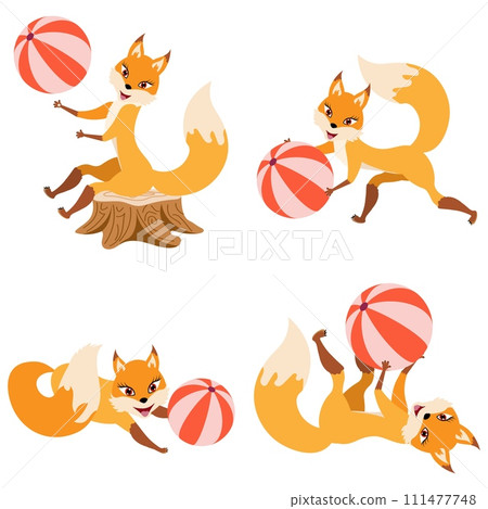 Funny red fox collection. Cute fox plays with a ball. Emotion little animal. Cartoon animal character design. 111477748