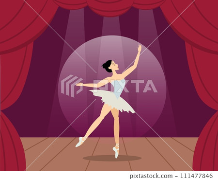 Beauty of classic ballet. Cute ballerina on stage. A classical dancer performs on stage. Ballerina dancing in pointe shoes. 111477846
