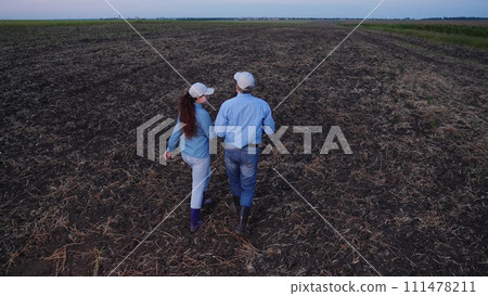 two farmers working digital tablet field, agriculture, teamwork business, growth development cultivation, agricultural field, corncob, growing, agricultural, handshake, plantation, farmland, grain 111478211