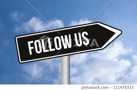 Follow us road sign on cloudy sky background 111478315