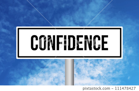 Confidence road sign on sky background 111478427
