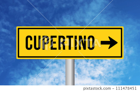Cupertino road sign on blue sky background Cupertino road sign on blue sky background 111478451