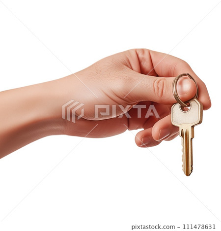 AI-generated content. Hand holding house keys close-up on a white or transparent background. Concept of buying or selling real estate. Design element, clipart, side view. AI-generated content. Hand holding house keys close-up on a white or transparent background. Concept of buying or selling real estate. Design element, clipart, side view. 111478631