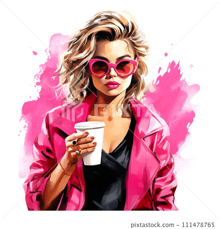a woman in a leopard print shirt and sunglasses drinking coffee, clip art, pink face, dressed in expensive clothes 111478765