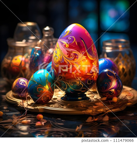 Colorful Easter eggs in a bowl on the background of the burning candles 111479066