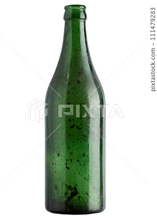 Old dirty green color bottle isolated on white background. Wine bottle. 111479283