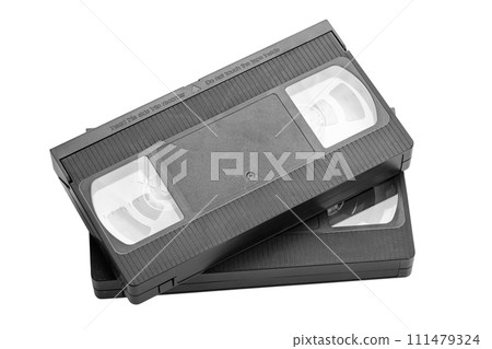 Two videotapes VHS isolated on white background. Vintage media. 111479324