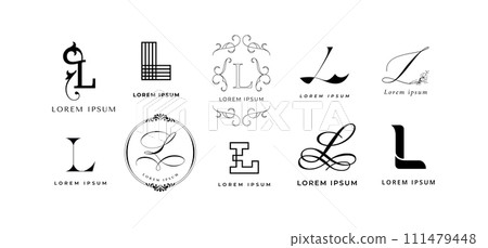 Creative L emblem. Luxury letter l monogram, lettering sign and geometric linear initial branding template vector icon set Creative L emblem. Luxury letter l monogram, lettering sign and geometric linear initial branding template vector icon set 111479448