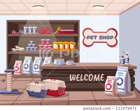 Pet shop interior. Shelves with animal care products, food for dogs and cats. Store interior vector illustration 111479471