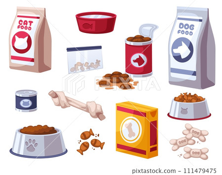 Cat and dog food. Pet store animal care products and snacks, bowls and dry food packages cartoon vector illustration set 111479475