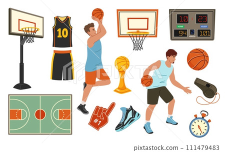 Cartoon basketball. Player jersey, basketball hoop and ball, dribbling and shooting, fan foam finger, sports trophy and scoreboard vector illustration set Cartoon basketball. Player jersey, basketball hoop and ball, dribbling and shooting, fan foam finger, sports trophy and scoreboard vector illustration set 111479483