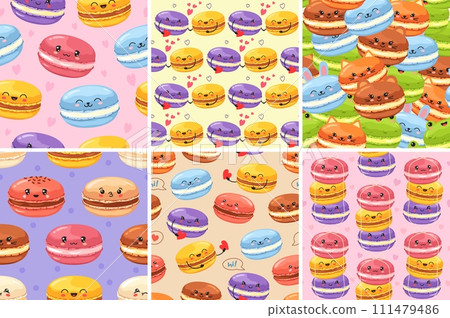 Kawaii macaron pattern. Cute animal macarons, french sweet dessert backgrounds and bakery seamless vector illustration set Kawaii macaron pattern. Cute animal macarons, french sweet dessert backgrounds and bakery seamless vector illustration set 111479486