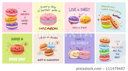 Kawaii macaron cards. French dessert bakery posters with cute macarons characters and slogans vector illustration set 111479487