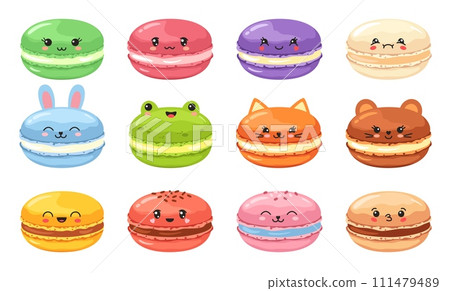 Kawaii macaron. Cute animal macarons, french sweet dessert for childrens menu or bakery marketing design. Vector illustration set 111479489