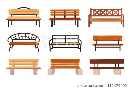 Cartoon bench. Wooden park benches, comfortable public garden seats and outdoor furniture vector illustration set Cartoon bench. Wooden park benches, comfortable public garden seats and outdoor furniture vector illustration set 111479493