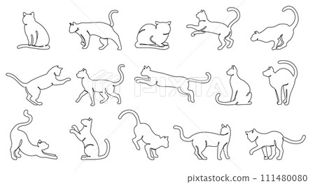 Continuous one line cats. Minimalist feline outlines, various cat poses and kitten activities hand drawn vector illustration set Continuous one line cats. Minimalist feline outlines, various cat poses and kitten activities hand drawn vector illustration set 111480080