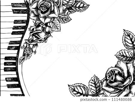 A frame with musical piano keys decorated with roses, a graphic vector black and white illustration for posters, flyers, greeting cards and invitation cards. For posters, banners and postcards. A frame with musical piano keys decorated with roses, a graphic vector black and white illustration for posters, flyers, greeting cards and invitation cards. For posters, banners and postcards. 111480086
