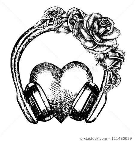 A heart in headphones decorated with roses, graphic vector black and white illustration. For posters, flyers and invitation cards. For banners and postcards. For logos, badges, stickers and prints. 111480089