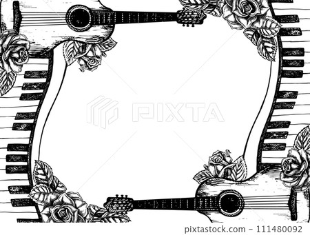 Musical frame with guitars, piano keys, roses, graphic vector black and white illustration. For posters, flyers and invitation cards. For greeting cards and certificates. 111480092