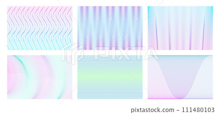 Guilloche moire pattern. Soft color wave line textures, geometric optical illusions and abstract wavy vector background set 111480103