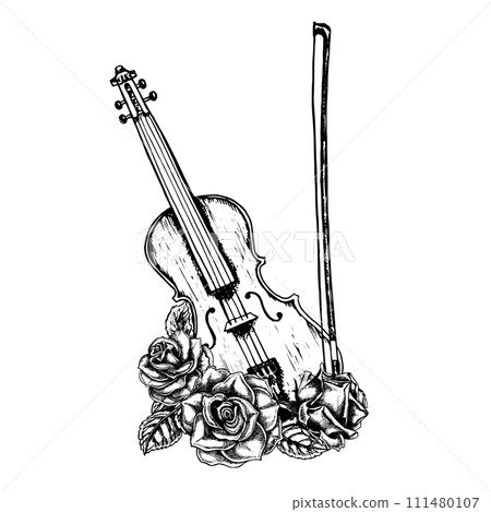 Violin decorated with roses, graphic vector black and white illustration. For posters, flyers and invitation cards. For banners and postcards. For logos, badges, stickers and prints. For postcards. 111480107