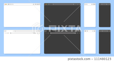 Browser window. Internet browsing tab UI template for mobile web page and desktop app. Light and dark mode browser bars vector illustration 111480123