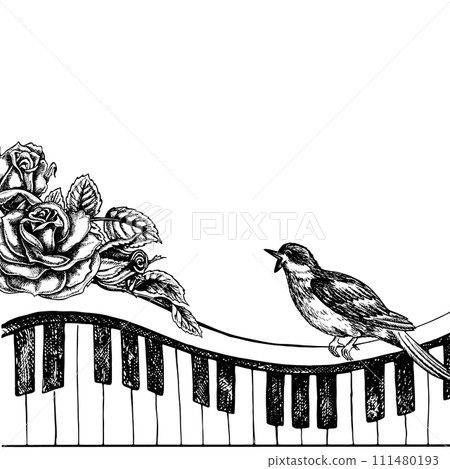 Musical piano or synthesizer keys decorated with roses with a nightingale, graphic vector black and white illustration. For the design of posters, flyers and invitation cards. For banner and postcard 111480193